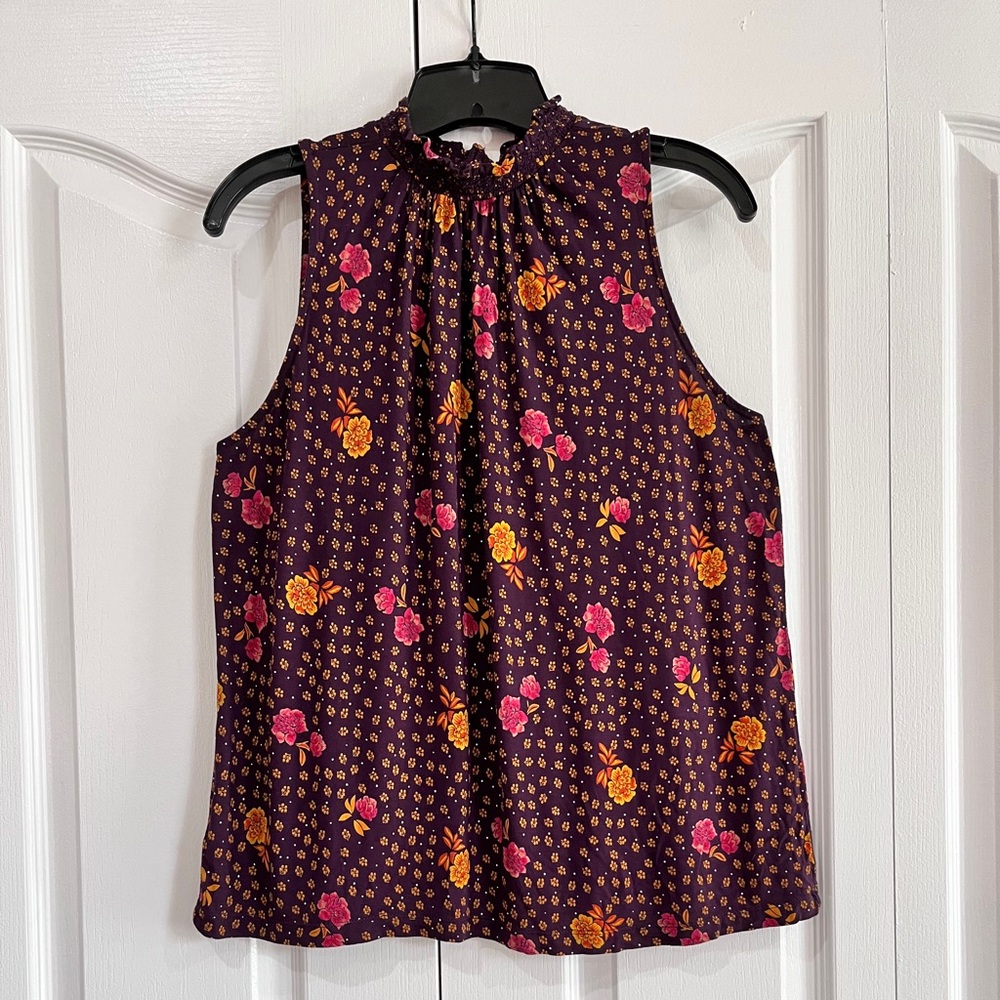 Loft Purple mock turtleneck sleeveless top shirt with yellow pink pattern M